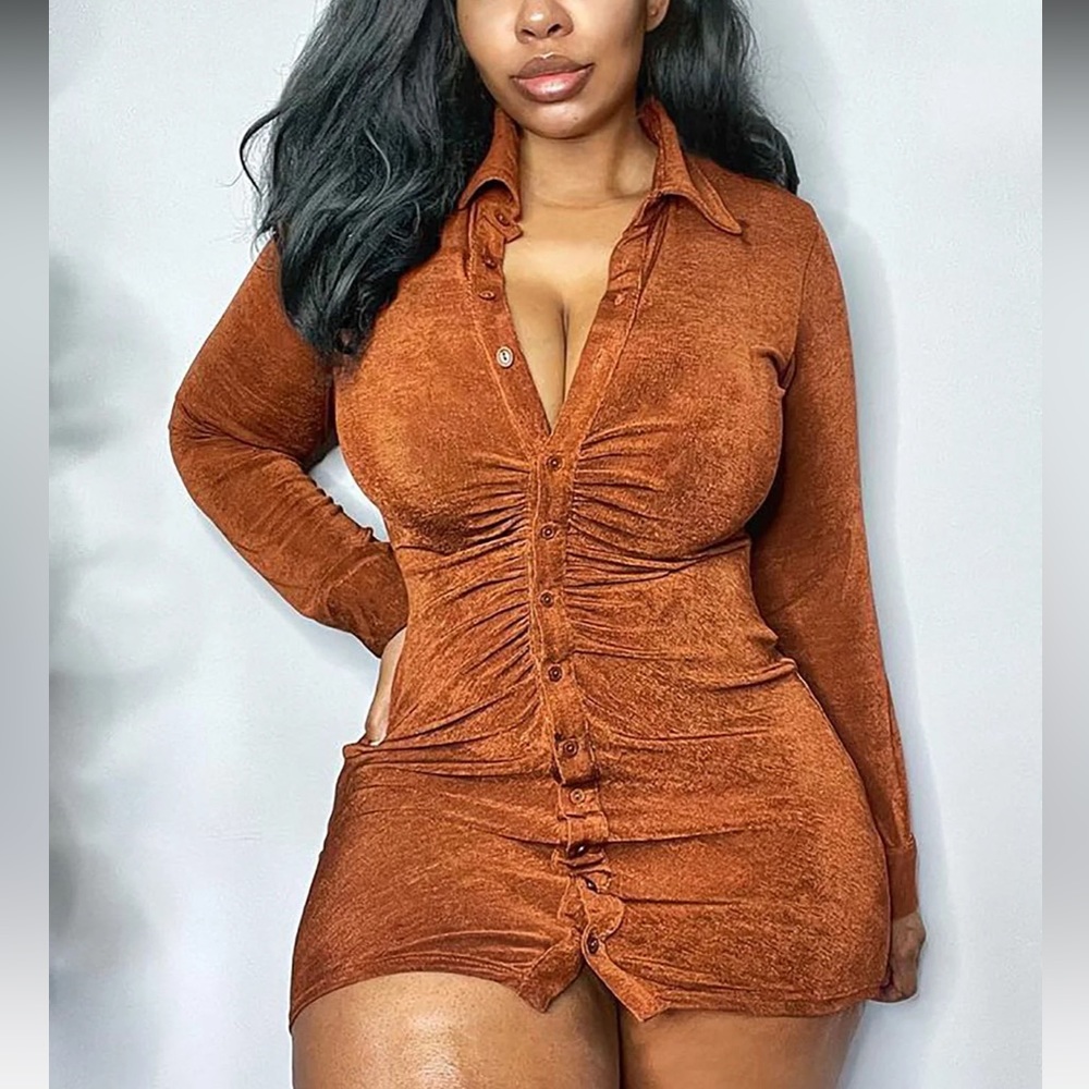 Slinky Shirt Dress - Brown - S